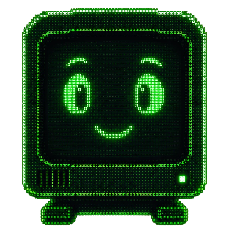 Mompy mascot on a CRT monitor